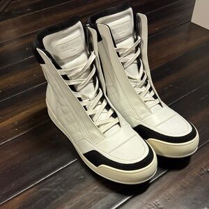 Balmain White and Black High-Top Leather Sneakers with Cream Sole